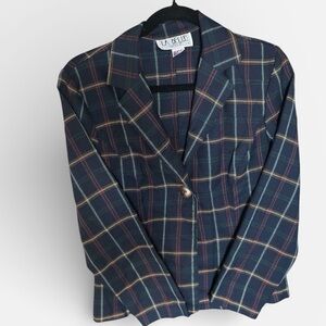 Vintage La Belle Navy Plaid One Button Blazer, Small